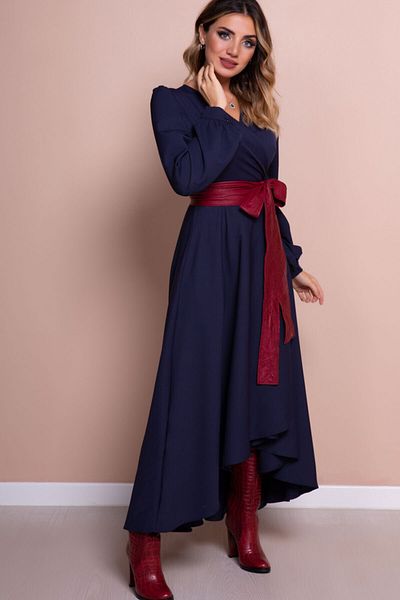 Bidoluelbise Rochie de damă, albastru bleumarin, roșu claret, cu curea din piele, albastru bleumarin, cu mânecă lungă, cu croiala asimetrică