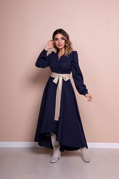 Bidoluelbise Rochie de damă, albastru bleumarin, cu curea din piele, cu mânecă lungă, cu croiala asimetrică