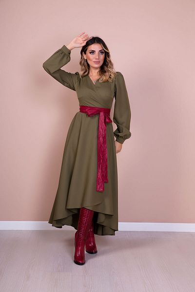 Bidoluelbise Rochie de damă din piele burgundă cu curea kaki cu mânecă lungă cu croială asimetrică