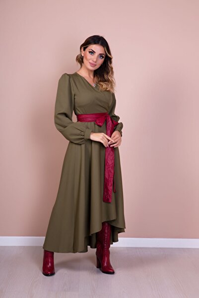 Bidoluelbise Women's Burgundy Leather Belt Khaki Long Sleeve Asymmetric Cut Dress