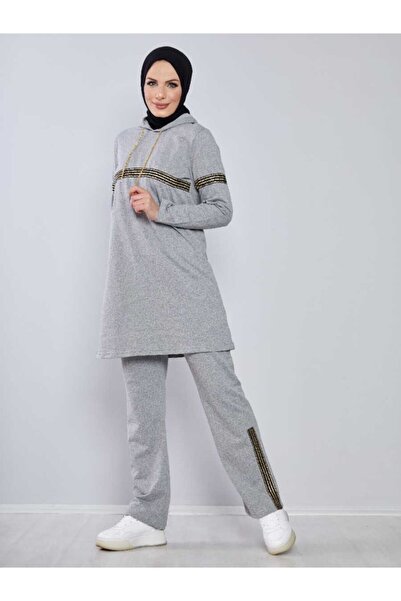 BURCU TESETTÜR Kapşonlu Ikili Eşofman Takımı Trn1017 Gri