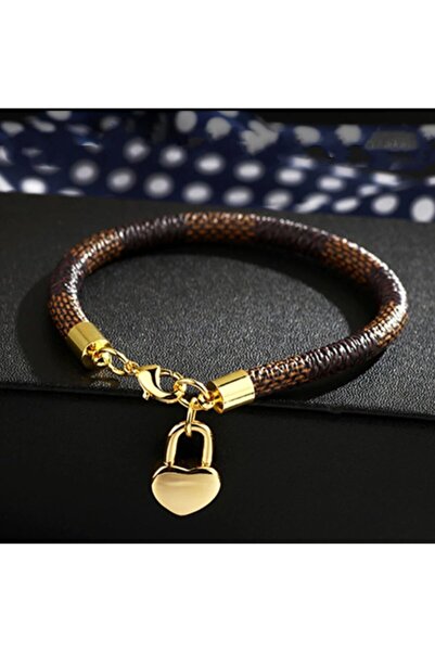 QUEEN AKSESUAR Trend Moda Kahverengi Deri Kayışlı Gold Altın Kalp Bileklik