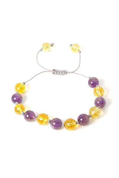 TAŞ RÜYASI Citrine Amethyst Knitted Bracelet (Gray String) 8 mm
