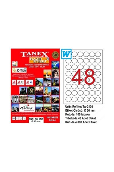 Tanex Lazer Etiket 100 YP 0.30 MM Laser-Copy-Inkjet Yuvarlak TW-2130