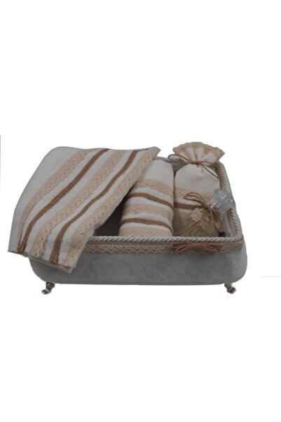 Finezza Марин Кадифе Дентіл Декоративний Рушник & Мішечок & Флакон для Есенції & Набір з 5 Предметів Крем/Бежевий - 848