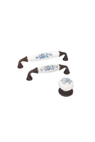 HAN Porselen Mavi Çiçekli Lüks Kulp 128mm Antik Bakır