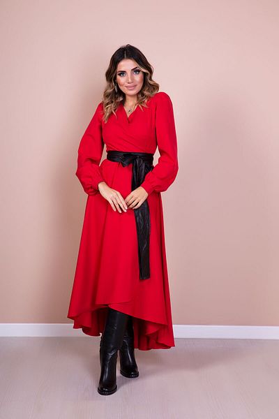 Bidoluelbise Rochie de damă din piele roșie cu curea cu mânecă lungă cu croială asimetrică