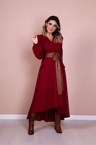 Bidoluelbise Rochie de damă din piele burgundă cu curea rochie burgundă cu mânecă lungă cu croială asimetrică