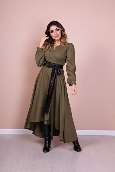 Bidoluelbise Women's Khaki Black Leather Belted Long Sleeve Asymmetrical Cut Dress