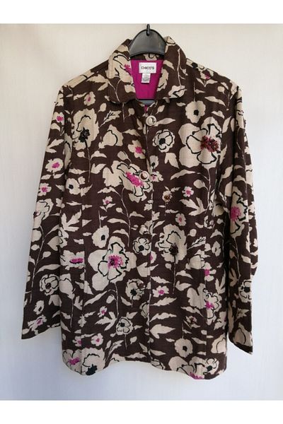 Chicos Women's Authentic Cotton Brown Bone Flower Patterned Handcrafted Natural Stone Embroidered Jacket Made in India