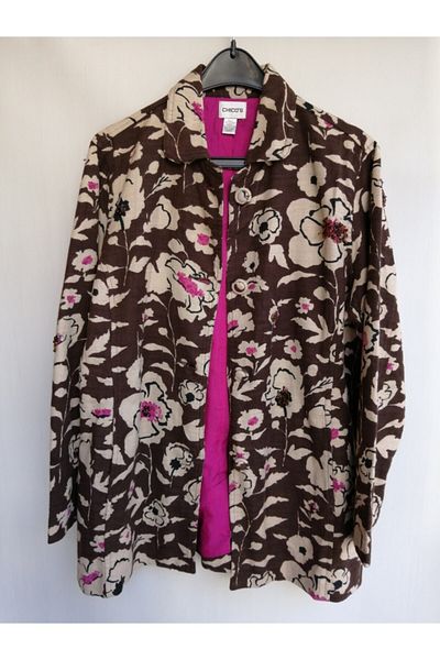 Chicos Women's Authentic Cotton Brown Bone Flower Patterned Handcrafted Natural Stone Embroidered Jacket Made in India