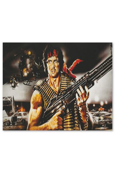 Cakatablo Ahşap Tablo Rambo Makineli Tüfek Ve Arkaplanda Helikopter (25x35 Cm...