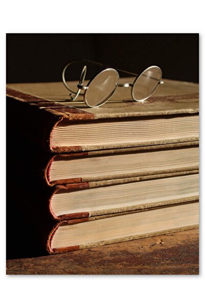 Cakatablo Ahşap Tablo Ciltli Kitaplar Ve Gözlük (25x35 Cm Boyut)