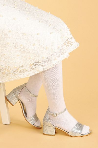 Kiko Kids Sandale cu toc de 3 cm cu sclipici argintii pentru fete