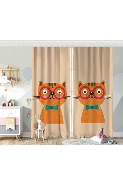 Realhomes Çift Kanat Renkli Kedi Dijital Baskılı Modern Çocuk Odası Fon Perde