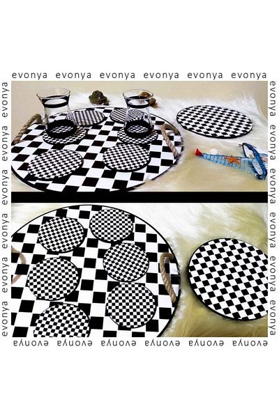 Evonya Checkerboard Knitted Handle Wooden Tray Set of 6 Coasters