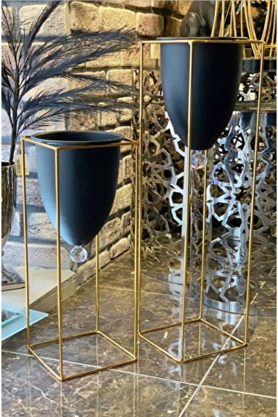 Genel Markalar 2'li Metal Ayaklı Saksı Gold Siyah