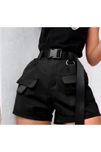 MaSoMi Kadın Renk Siyah Cep Ve Kemerli Şort