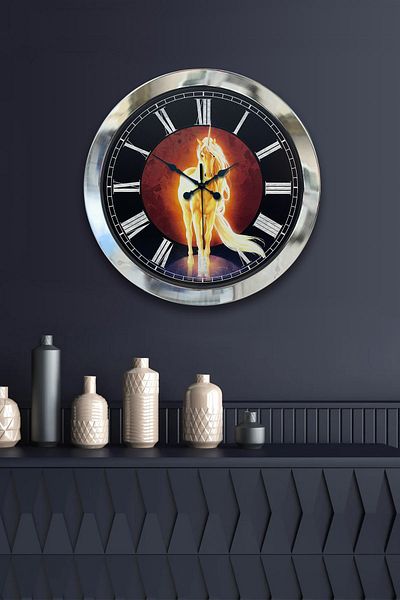 Kasva Concept Gift 36 cm Chrome Metal Horse Wall Clock