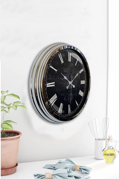 Kasva Concept Gift 40 cm Chrome Metal Black Antique Wall Clock