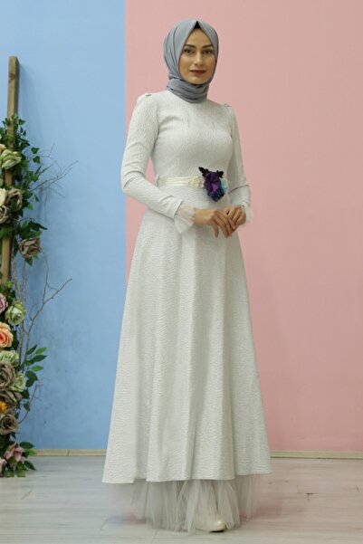 Feiza Collection Kemeri Çiçekli Tesettür Abiye Elbise - Ekru