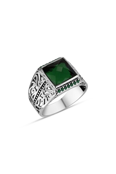 Argento Silver Yeşil Zirkon Taşlı 925 Ayar Gümüş Erkek Yüzük