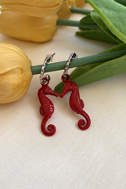 Leerybee أقراط فرس البحر مضادة للحساسية باللون الأحمر اللامع