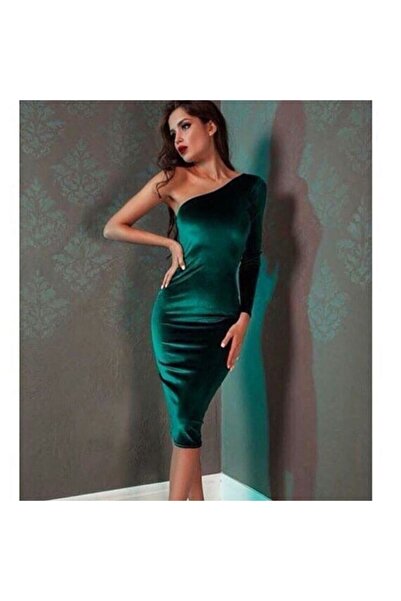 Styling Park Tek Kol Yeşil Kadife Elbise