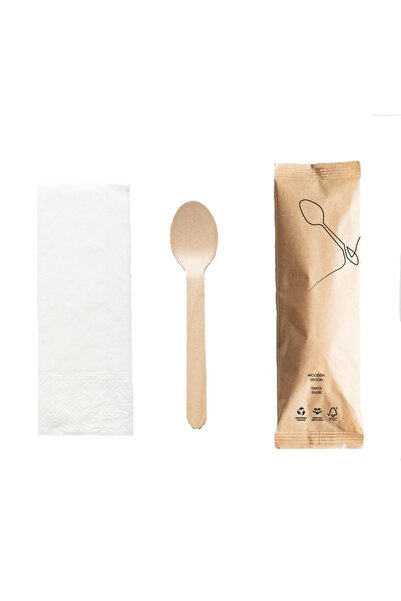 AMBALAJ PAZARI Kraft Kağıt Ambalajlı Tahta Kaşık Peçete Seti - 50'li