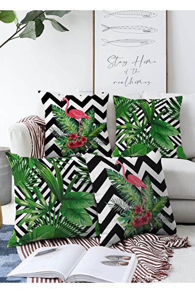 Realhomes طقم غطاء وسادة راشيل مكون من 4 قطع بأوراق استوائية وفلامينجو على خط...