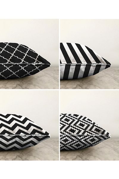 Realhomes Set de huse de pernă tricotate Raschel, cu două fețe, forme geometrice alb-negru