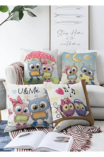 Realhomes Cute Owls, 4 bucăți, set de huse de pernă tricotate Raschel, cu dou...