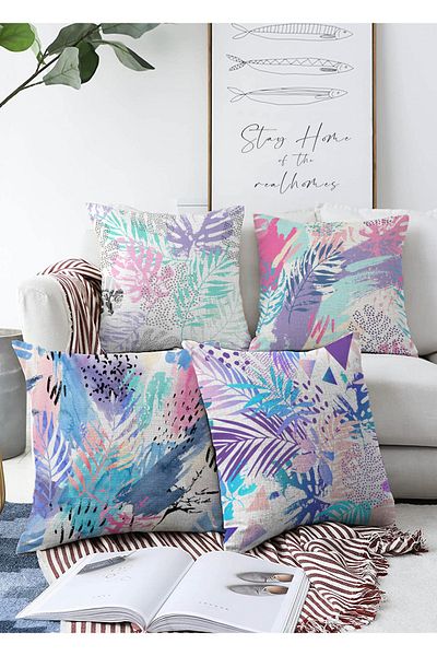 Realhomes Set de huse de pernă Raschel cu frunze colorate, frunze tropicale, design special, imprimat digital, 4 piese