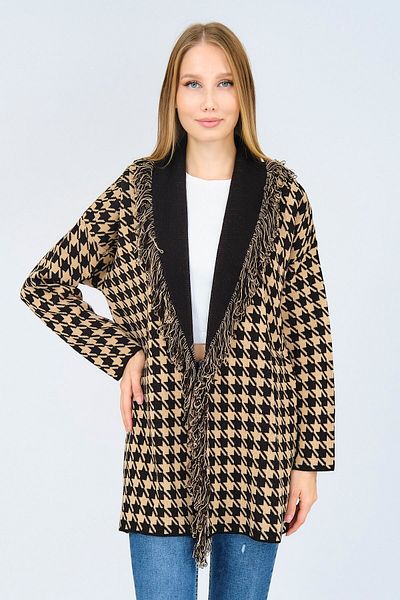 Ocean Goose Feet Pattern Beige Cardigan with Tassels