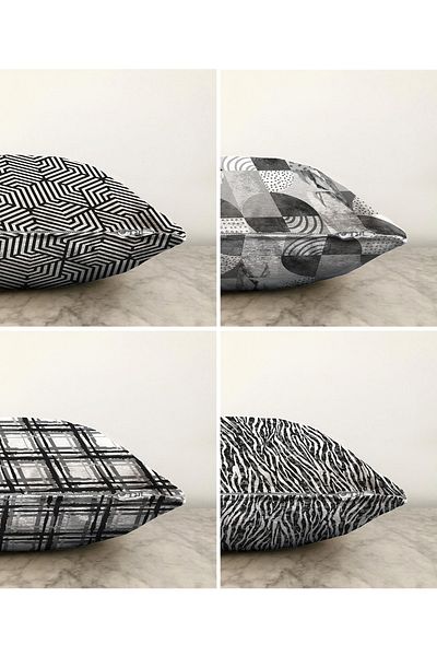 Realhomes Desene geometrice alb-negru, imprimate digital, 4 bucăți, set de huse de pernă Raschel, cu două fețe