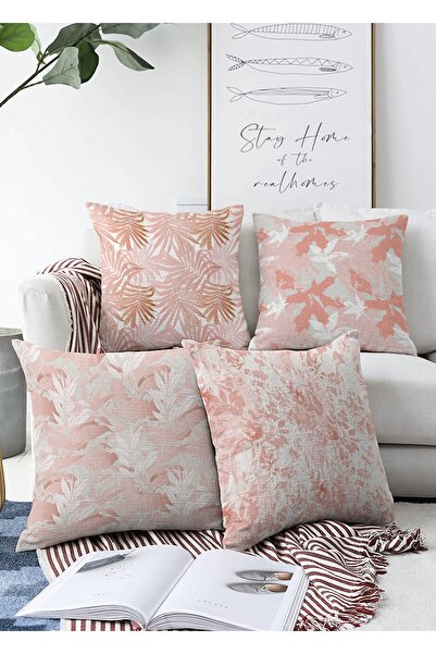 Realhomes Beyaz Zemin Üzerinde Pembe Yaprak Çizimli Dekoratif 4'lü Çift Taraf...