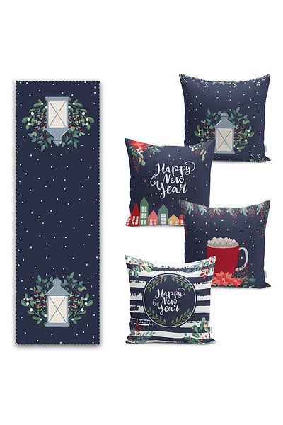 Realhomes Happy New Year Designed Digital Printed 4 Throw Pillow 1 Runner Set με μπλε φόντο
