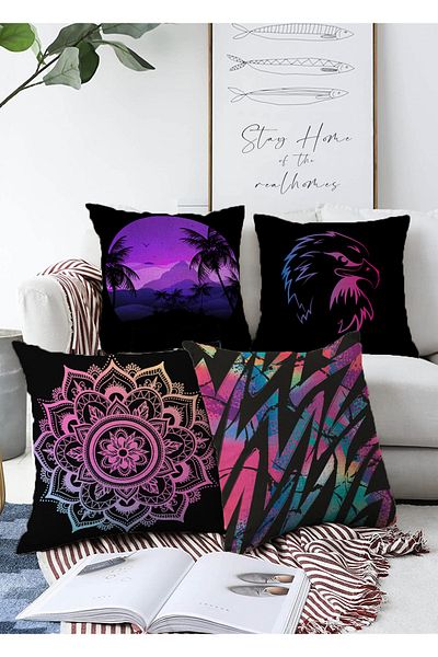 Realhomes Set de huse de pernă Raschel cu două fețe, cu desen geometric neon, imprimat digital modern, în 4 piese