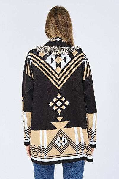Ocean Ethnic Patterned Black Beige Cardigan