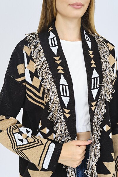 Ocean Ethnic Patterned Black Beige Cardigan