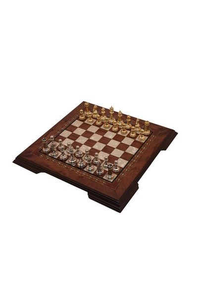 Helena Wood Art Flat Footed Walnut Chess Set - Metal Figured