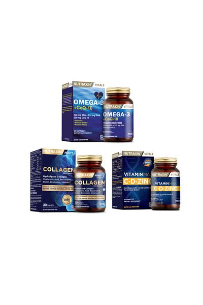 Nutraxin Omega 3 and Coq-10 (Coenzyme) 60 Capsules + Hydrolyzed Collagen 30 Tablets + Vitamin Max (C,D,Zinc) 60 Tablets