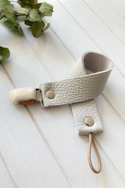 Li Puna Off-White Leather Pacifier Strap - Pacifier Chain with Protected Metal Clip Lpemzk17