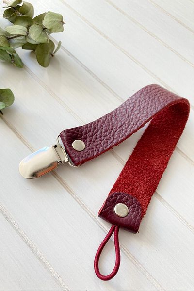 Li Puna Claret Red Leather Pacifier Strap - Pacifier Chain with Protected Metal Clip Lpemzk18