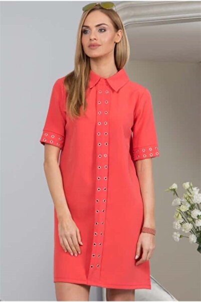 fasardi Kuşgözü Detaylı Gömlek Yaka Mini Elbise