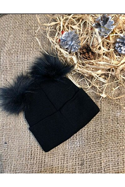 İREM'S ACCESSORİES قبعة محبوكة باللون الأسود للفتيات الصغيرات من Pompom