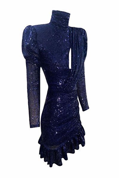 Gira official Payetli Fırfırlı Elbise Lacivert