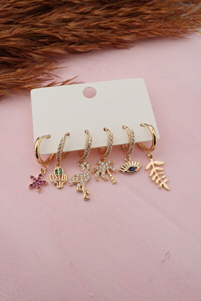 By Zeyna Aksesuar Kadın Altın Kaplama Zirkon Taş Işleme Çiçekli 6 Lı Küpe Seti