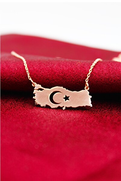 Silver And Silver Kadın 925 Ayar Gümüş Rose Türkiye Haritası Ay Yıldızlı Kolye