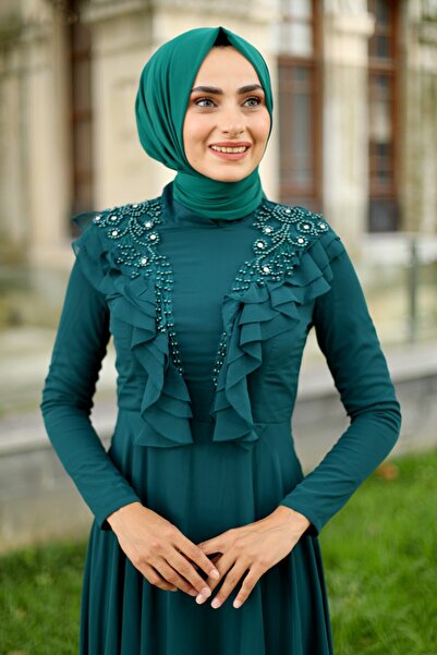 Feiza Collection Önü Fırfırlı Tesettür Abiye Elbise - Yeşil